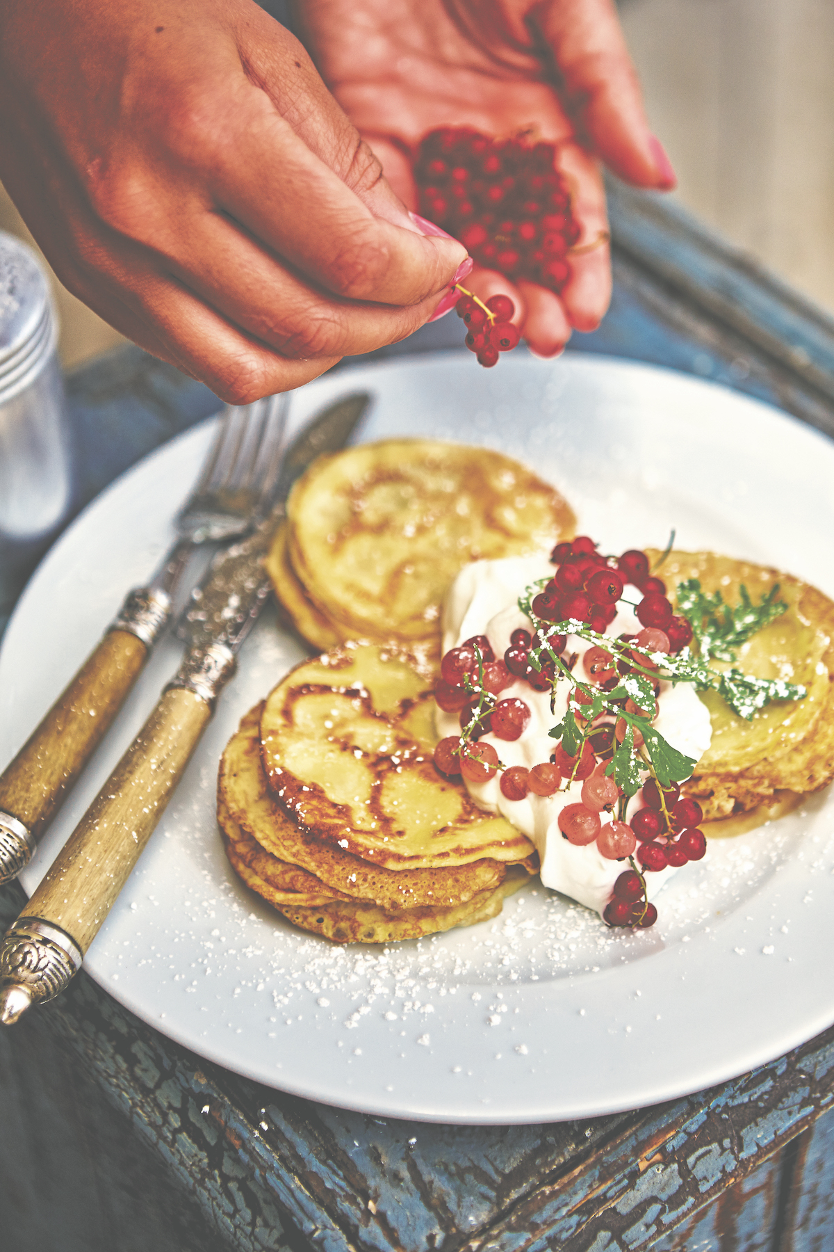 Swedish Mini Pancakes with cream and berries, Malibu Farm